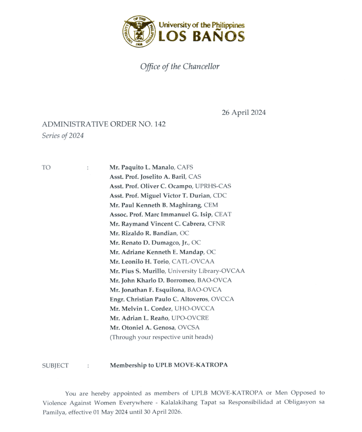 OC Administrative Order No. 142 s.2024, Membership to UPLB MOVE-KATROPA